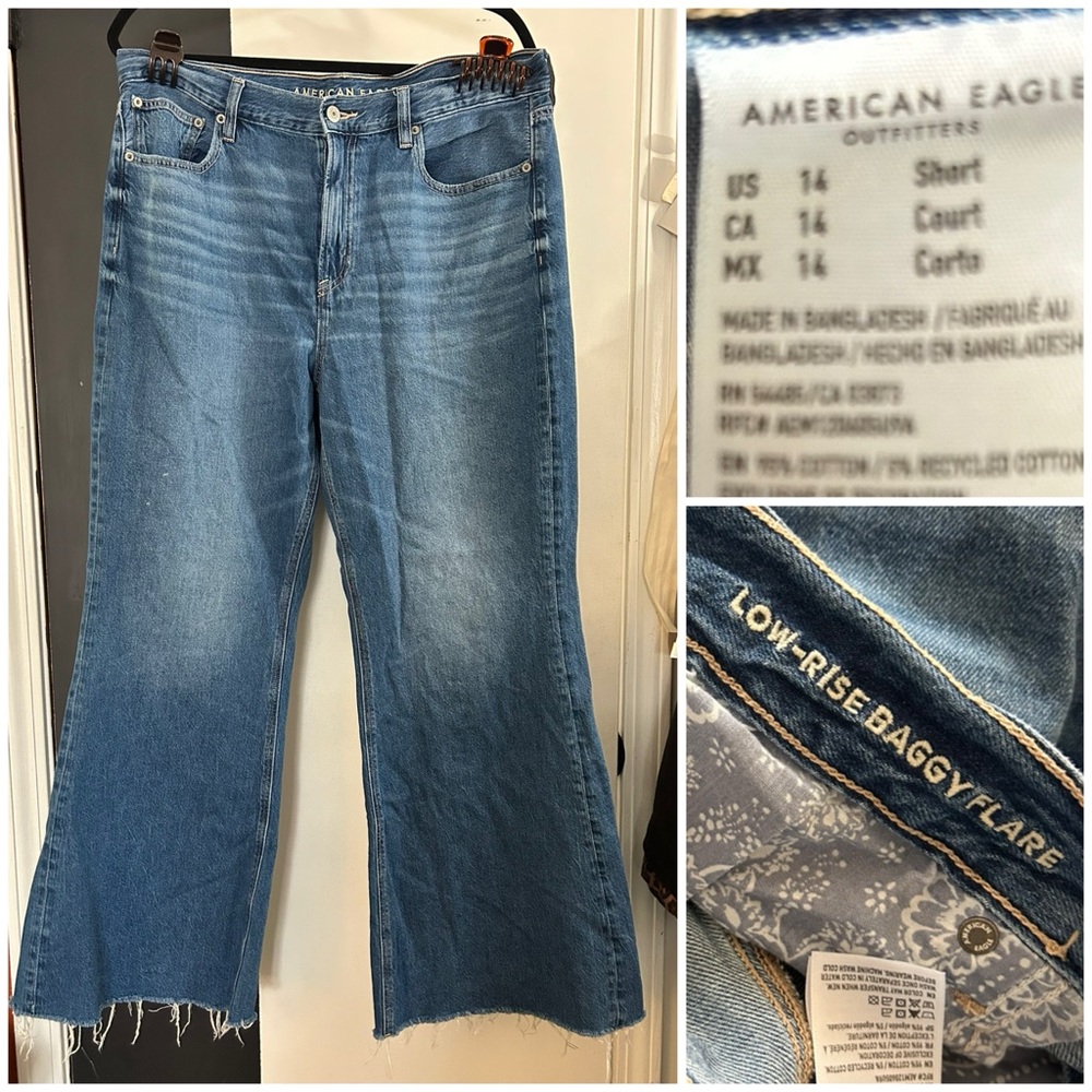 American Eagle Low Rise Baggy Flare Jeans Women’s 14 short 30” inseam NWOT